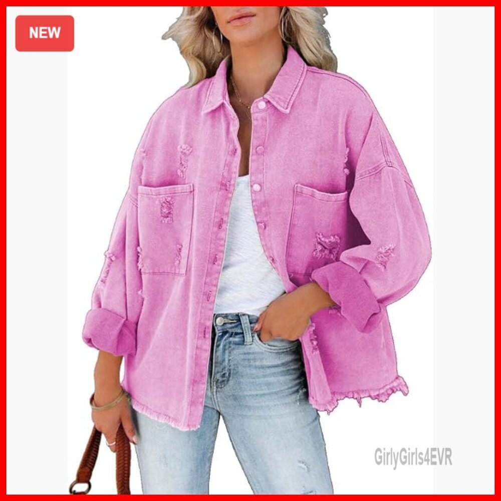 Denim Jacket with Fringe Hem, Distressed Details, Button Front, Casual Fit